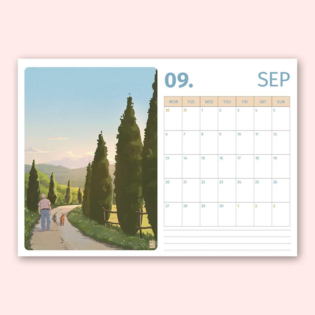 A single-page desk calendar spread on a pale pink background. The left page shows a scenic illustration of a person walking a dog along a path lined with tall cypress trees, with a blue sky and distant hills.