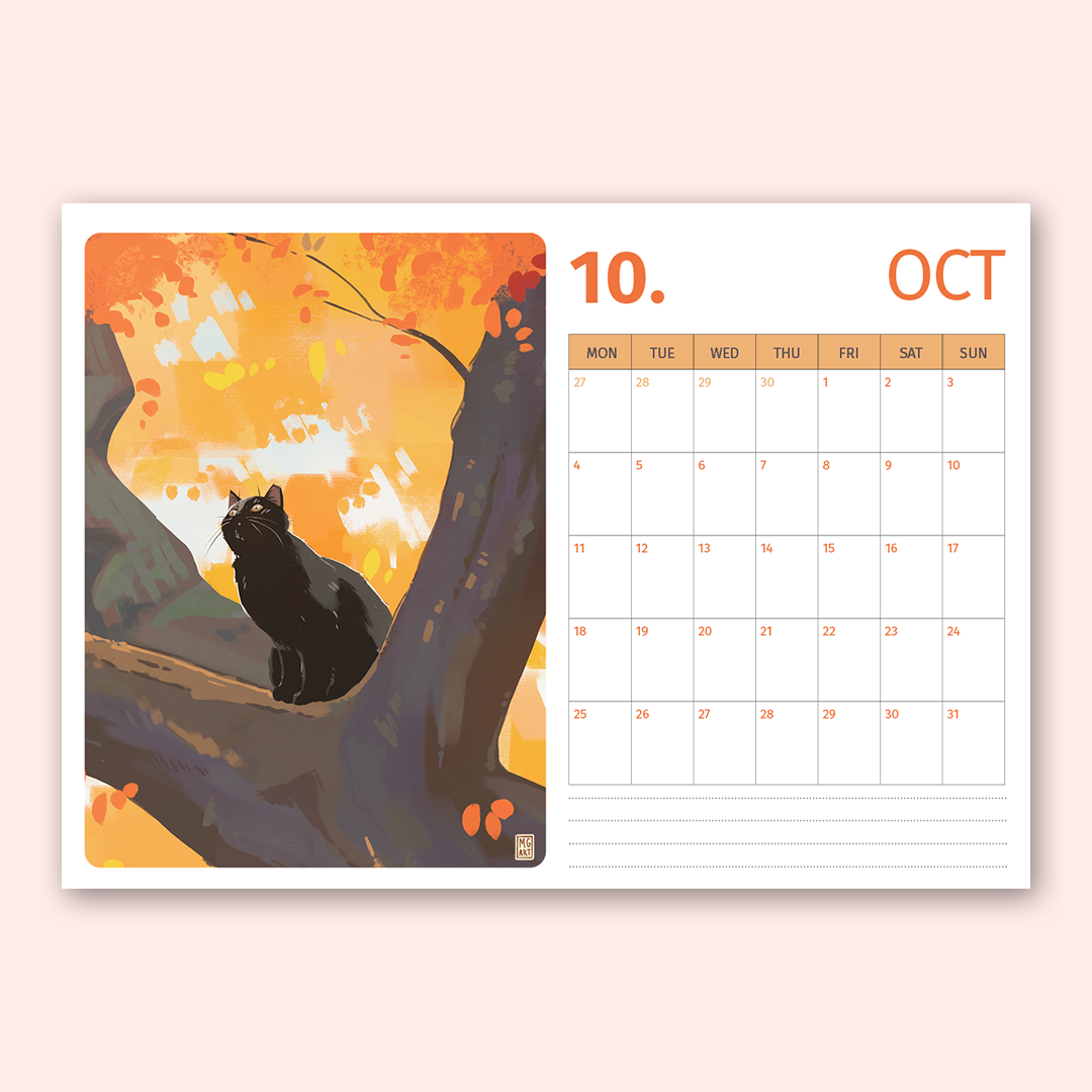A single-page desk calendar spread on a pale pink background. The left page features an illustrated black cat sitting on a tree branch under a warm orange and yellow autumn sky.