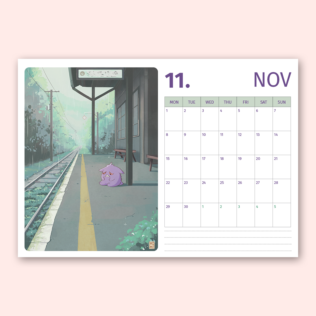A flat lay of a wall calendar page featuring a purple guy on a train platform next to a November calendar grid, set against a solid pale pink background.