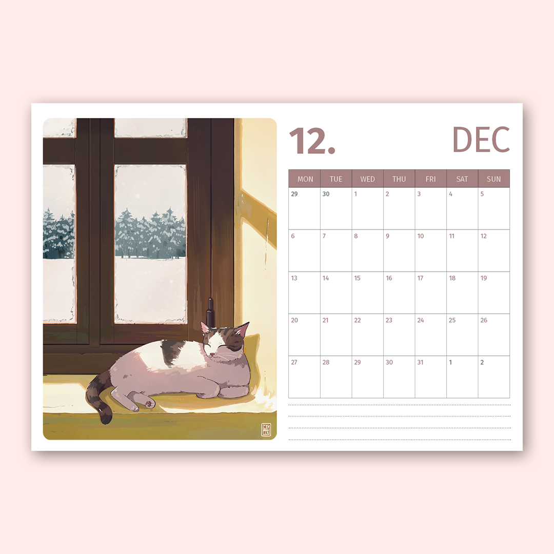 A single-page wall calendar spread on a pale pink background. The left page shows an illustrated cat resting by a window with snow visible outside, and the right page shows a December calendar grid with blank lines at the bottom.
