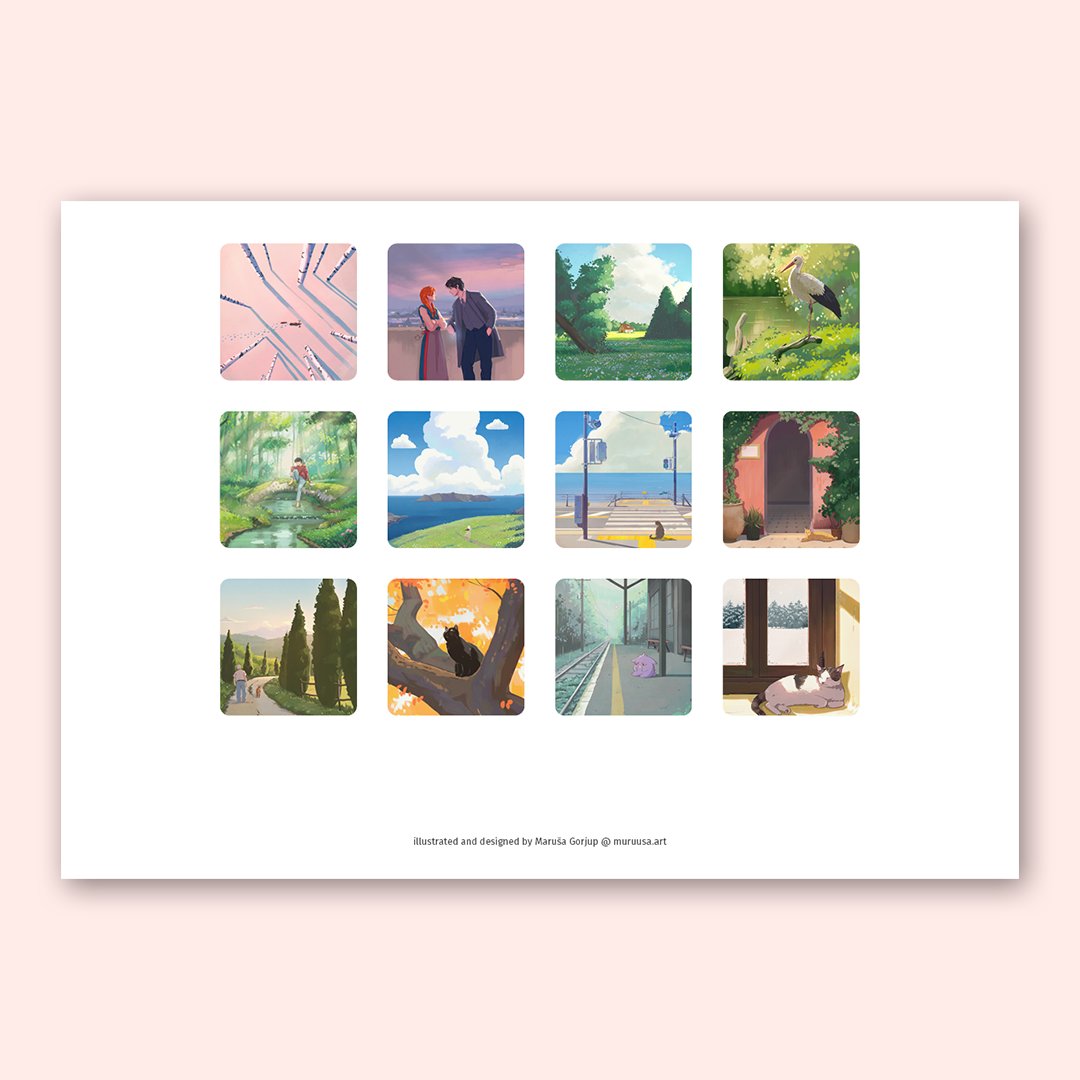 The final page of the wall calendar, featuring a 3x4 grid of twelve illustrated scenes on a white background, against a soft pink background. Small text at the bottom reads 'Illustrated and designed by Maruša Gorjup @ muruusa.art.
