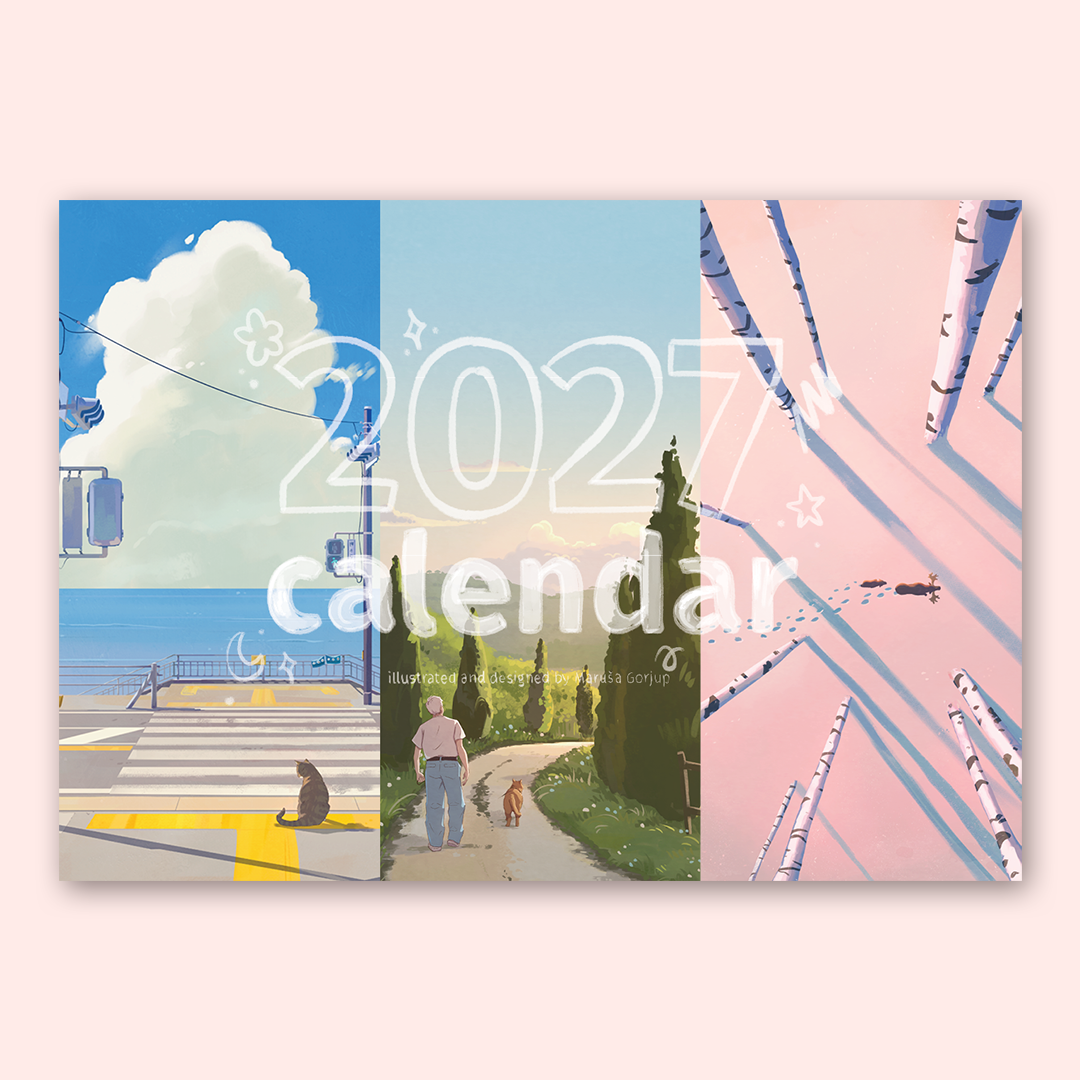 A 2027 illustrated calendar cover shown against a pale pink background. The cover is divided into three vertical panels: a blue seaside street scene on the left, a central pastel landscape with trees and a walking figure, and a pink birch-tree scene on the right.