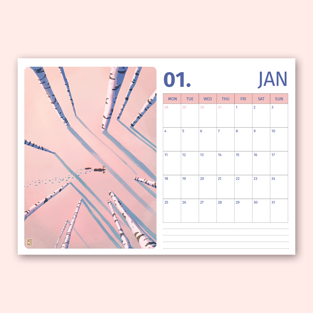 A single-page wall calendar spread on a pale pink background. The left page features an artistic illustration of birch tree trunks casting long shadows on a pink sky, with a small figure running among them.