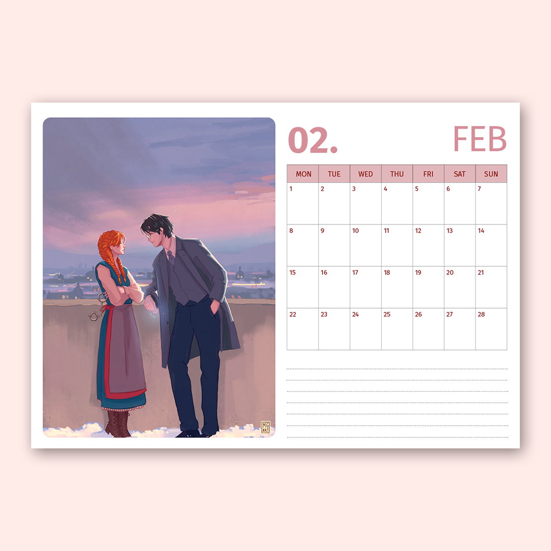 A single-page wall calendar spread on a pale pink background. The left panel shows an illustrated scene of two people standing outdoors at sunset, while the right panel shows a February calendar grid with lined writing space below.