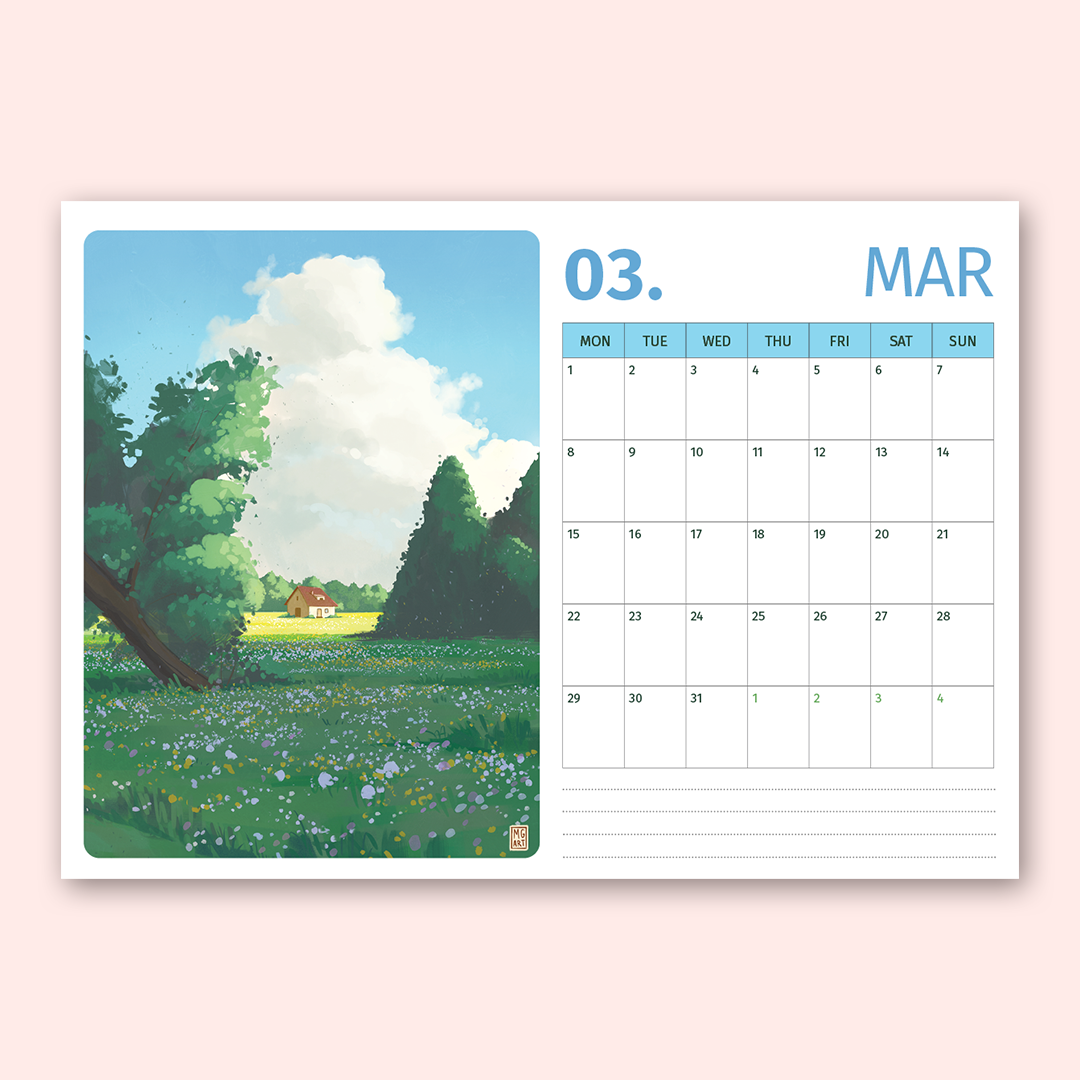 A monthly calendar page with a pastel landscape illustration on the left and a calendar grid on the right, shown against a soft pink background.
