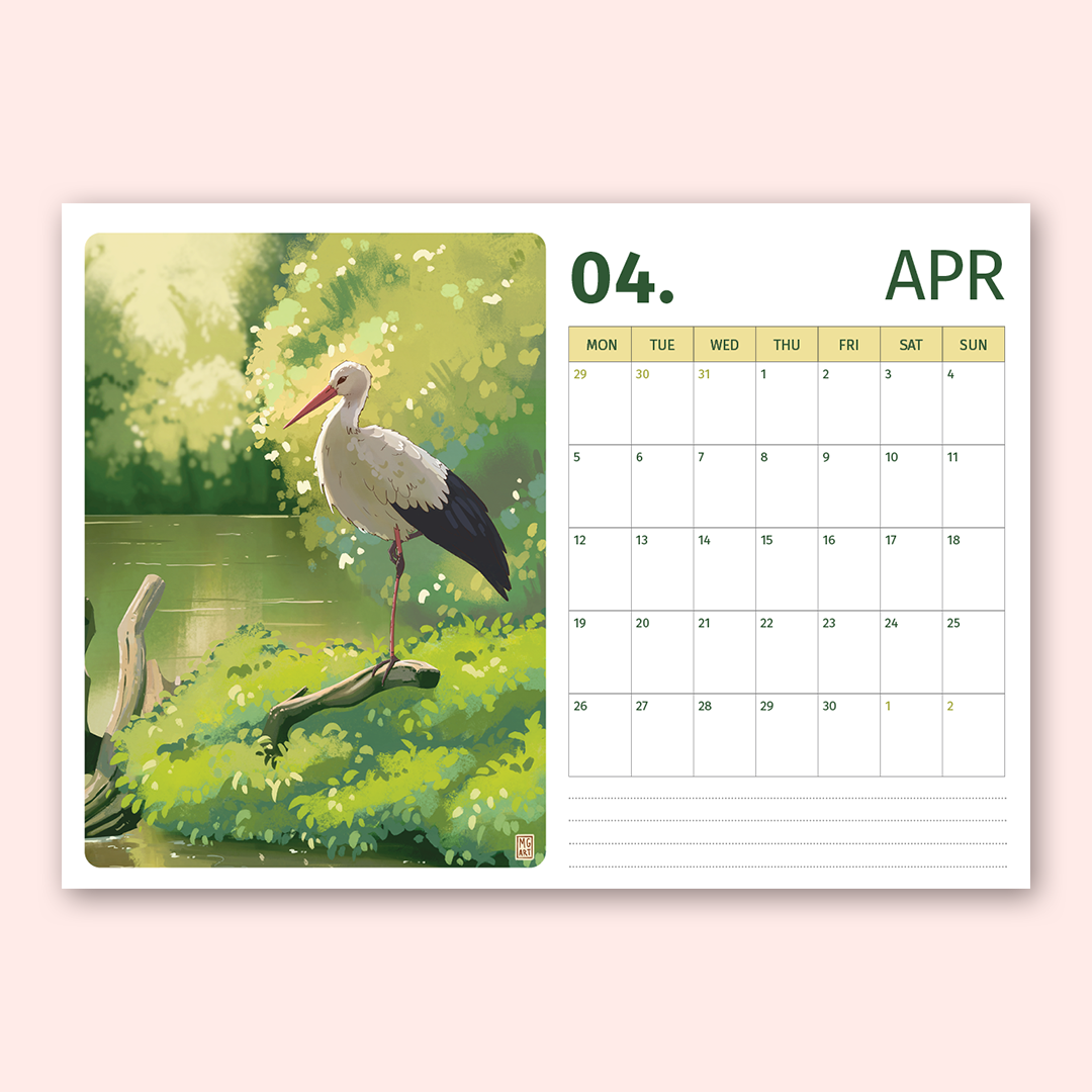 A monthly calendar page featuring an illustrated white stork standing by a pond in a lush green landscape, with a calendar grid for April on the right, shown against a soft pink background.