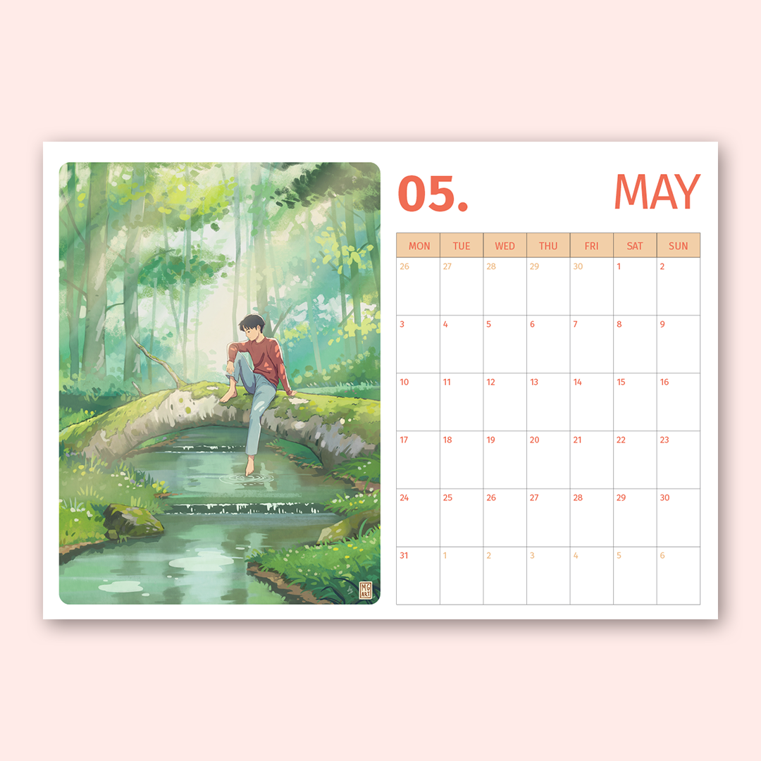 A single-page illustrated wall calendar spread on a pale pink background. The left page shows an anime-style forest scene with a person sitting on a bridge over a stream, and the right page shows a May calendar grid with orange text and numbers.