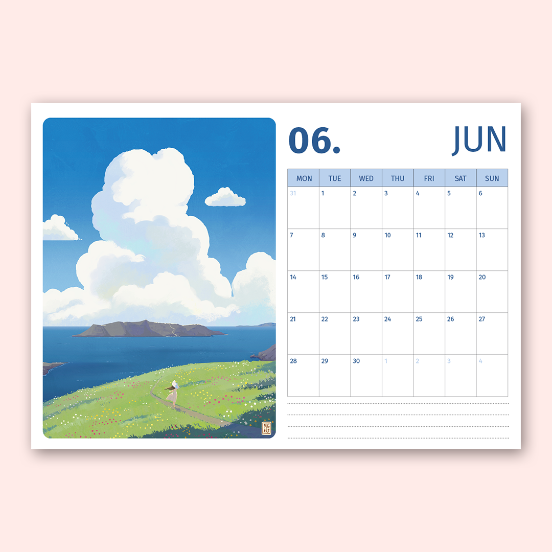 A single-page illustrated wall calendar spread on a pale pink background. The left page shows a scenic landscape with blue sky, large white clouds, ocean, green grass, and a small person walking.