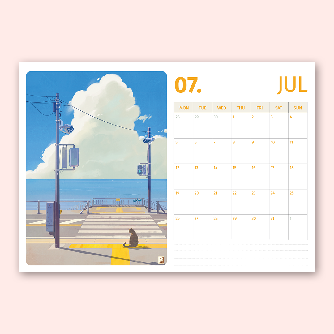 A single-page illustrated calendar spread on a pale pink background. The left page shows a scenic coastal street scene with a crosswalk, pole, clouds, and ocean, while the right page shows a July calendar grid with orange text reading '07.