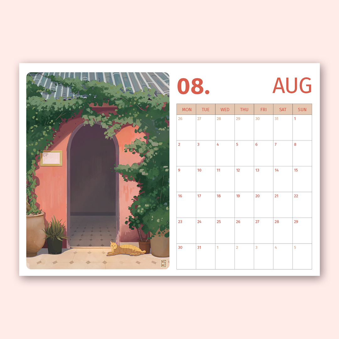 A single-page illustrated calendar spread showing August. The left panel features a painted courtyard scene with a peach archway, green vines, potted plants, and a yellow cat on the floor.